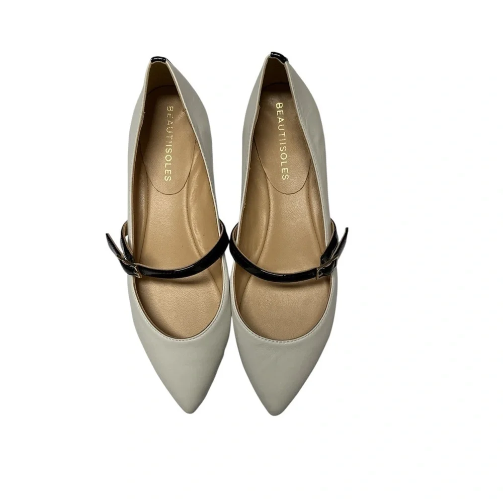 Beautiisoles Maya Pointed Toe Flat White Black Straps Women's 39